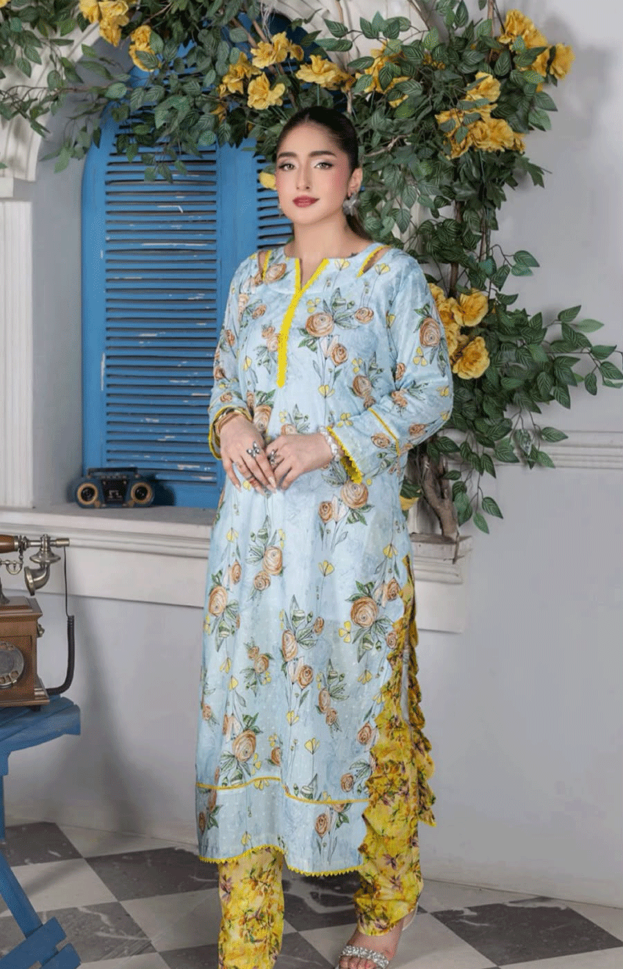 2 Piece Lawn Suit with Long Shirt & Straight Trouser