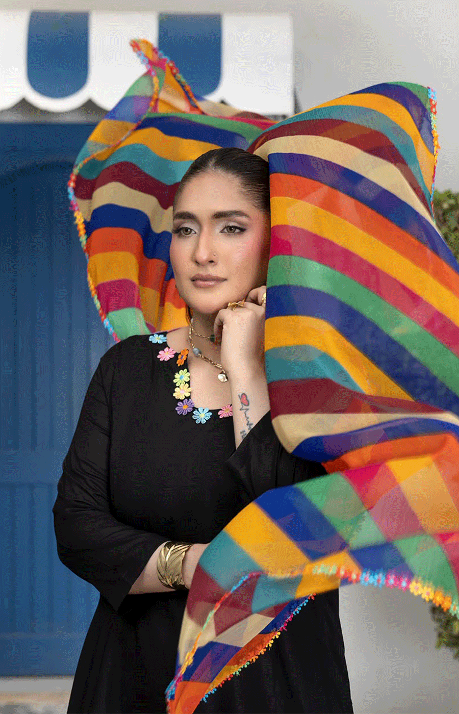 3 Piece Lawn Suit with Shafoon Dupatta, Short Shirt & Farshi Shalwar