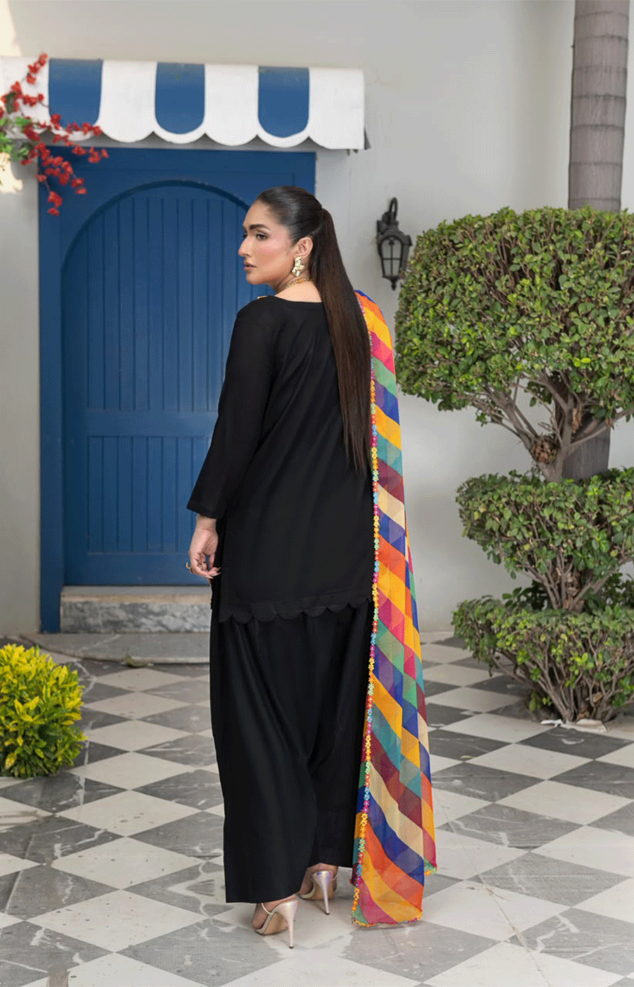 3 Piece Lawn Suit with Shafoon Dupatta, Short Shirt & Farshi Shalwar