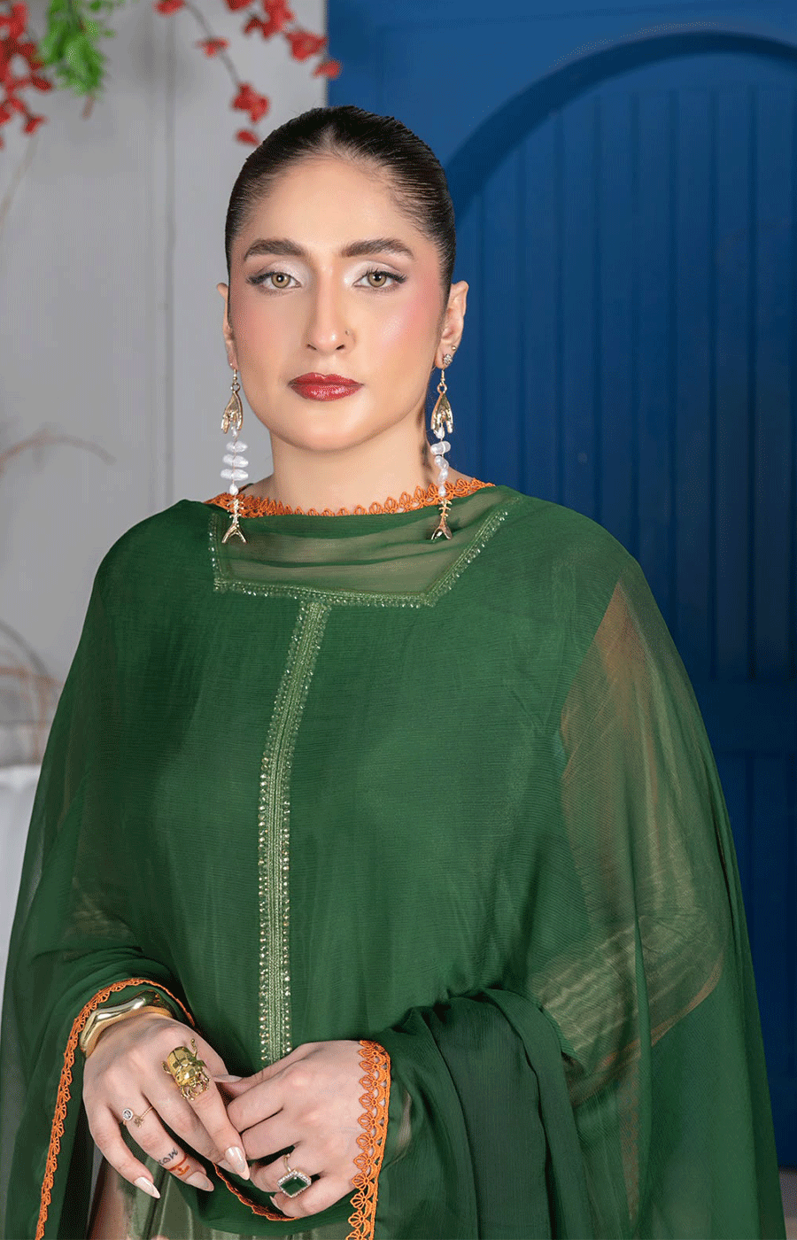 3 Piece Korean Silk Suit with Shafoon Dupatta, Long Shirt & Capri Trouser