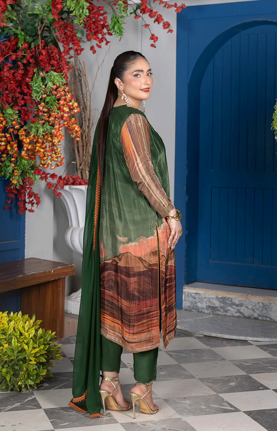 3 Piece Korean Silk Suit with Shafoon Dupatta, Long Shirt & Capri Trouser