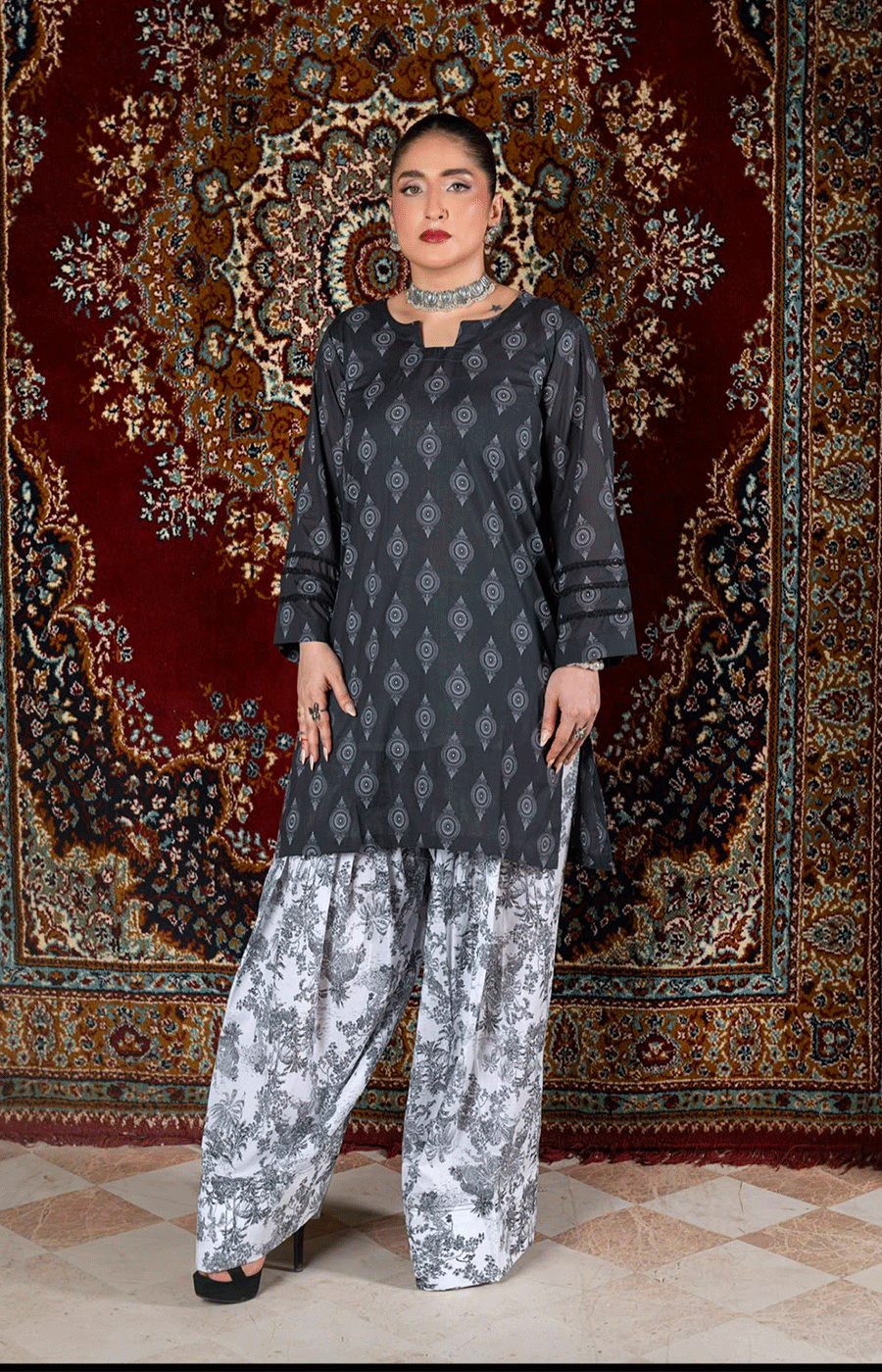 2 Piece Lawn Suit with Long Shirt & Farshi Shalwar
