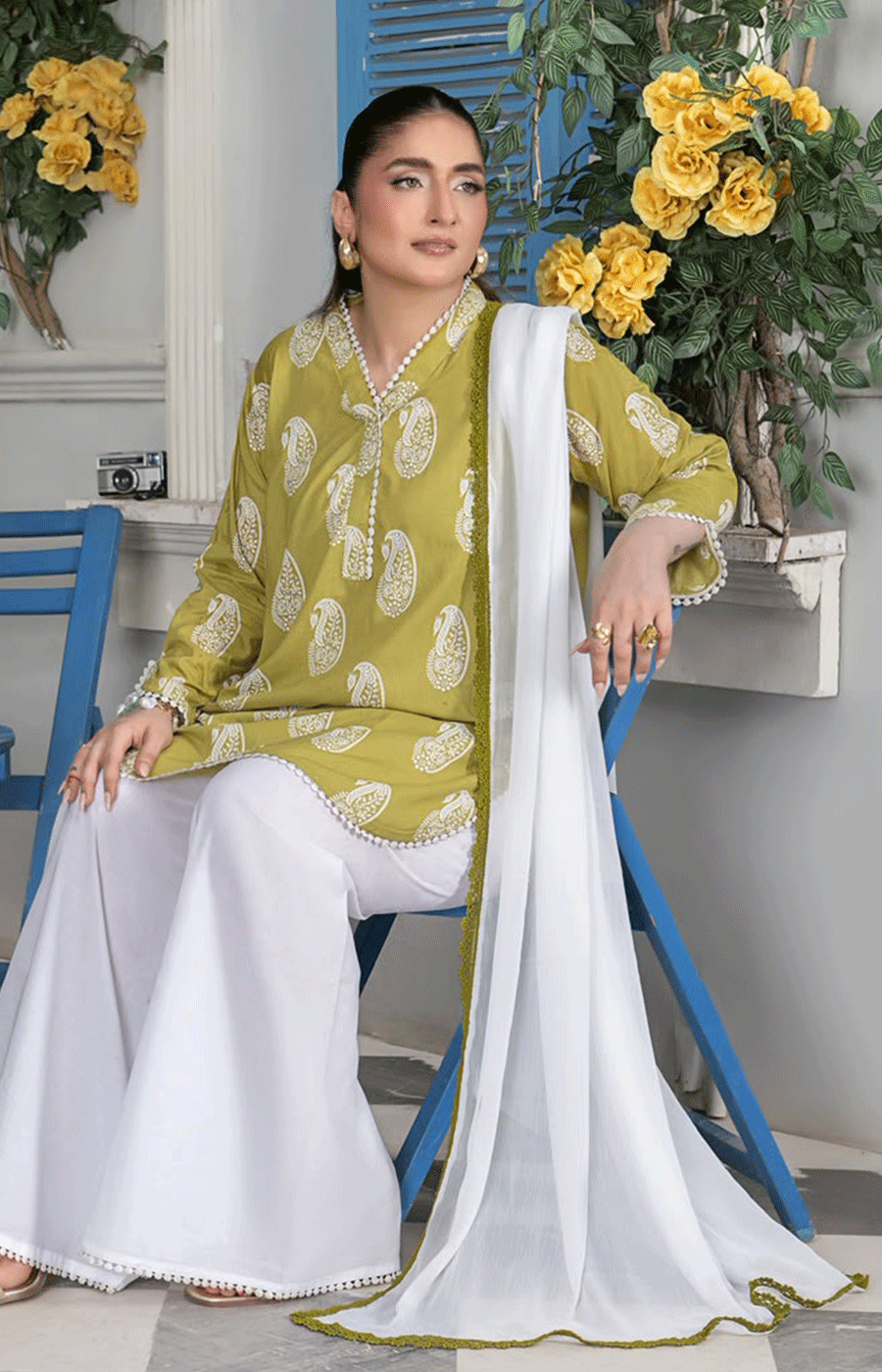 3 Piece Lawn Suit with Shafoon Dupatta, Kurta Style Shirt & Farshi Shalwar