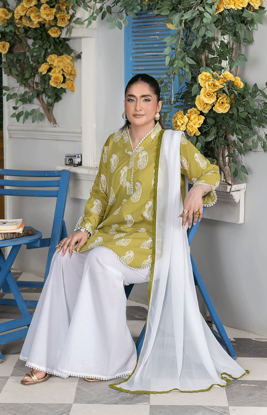 3 Piece Lawn Suit with Shafoon Dupatta, Kurta Style Shirt & Farshi Shalwar