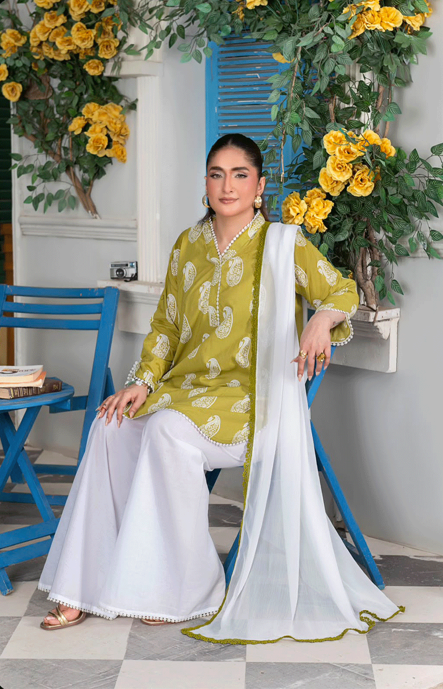 3 Piece Lawn Suit with Shafoon Dupatta, Kurta Style Shirt & Farshi Shalwar