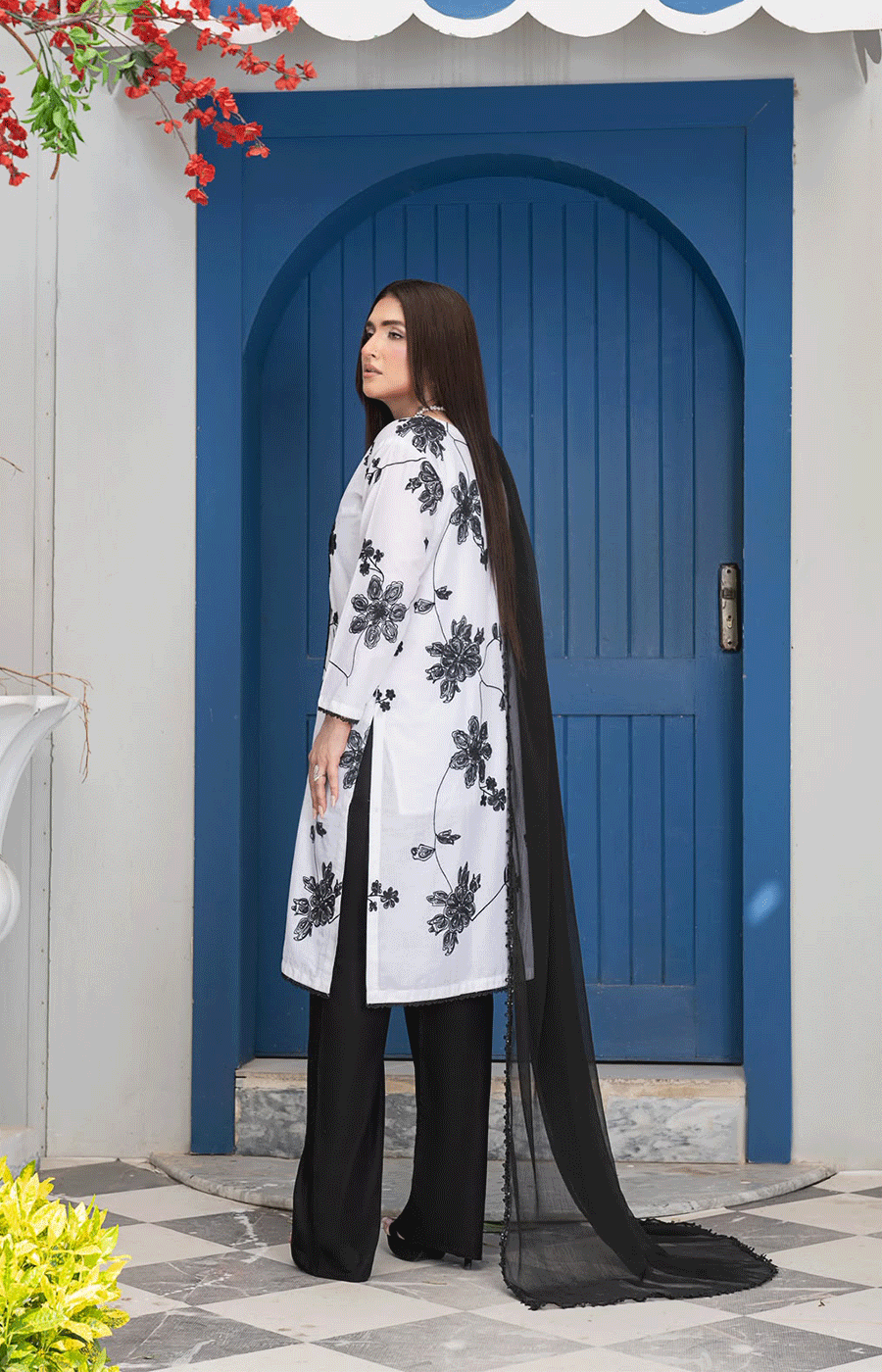 3 Piece Lawn Suit with Shafoon Dupatta & Bell Bottom Trouser