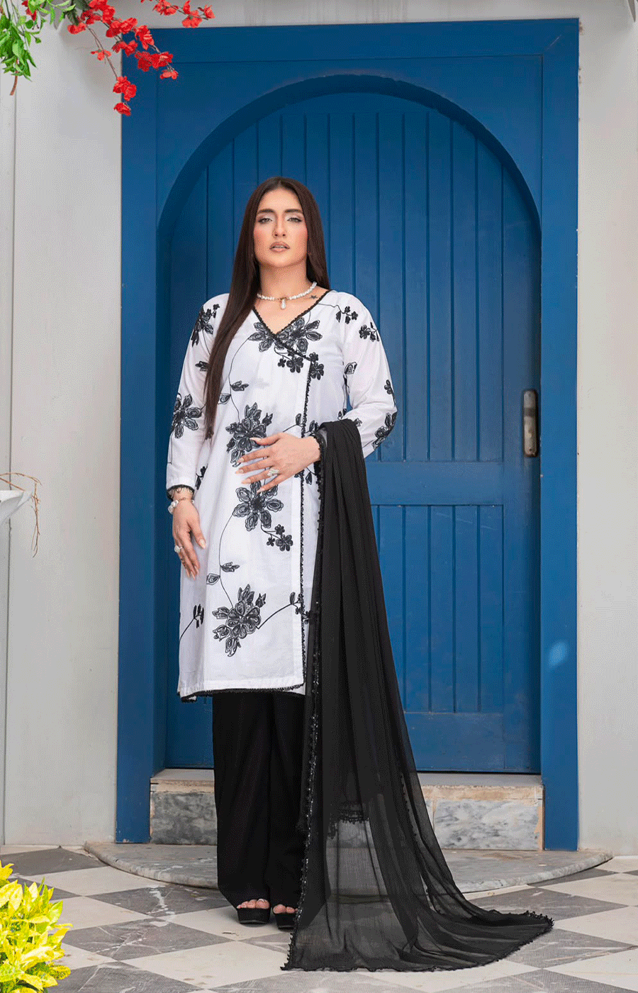 3 Piece Lawn Suit with Shafoon Dupatta & Bell Bottom Trouser