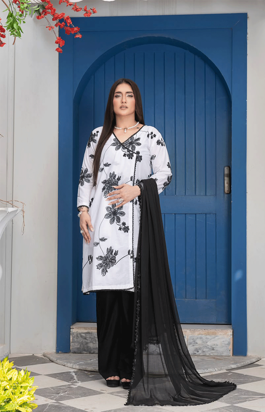 3 Piece Lawn Suit with Shafoon Dupatta & Bell Bottom Trouser